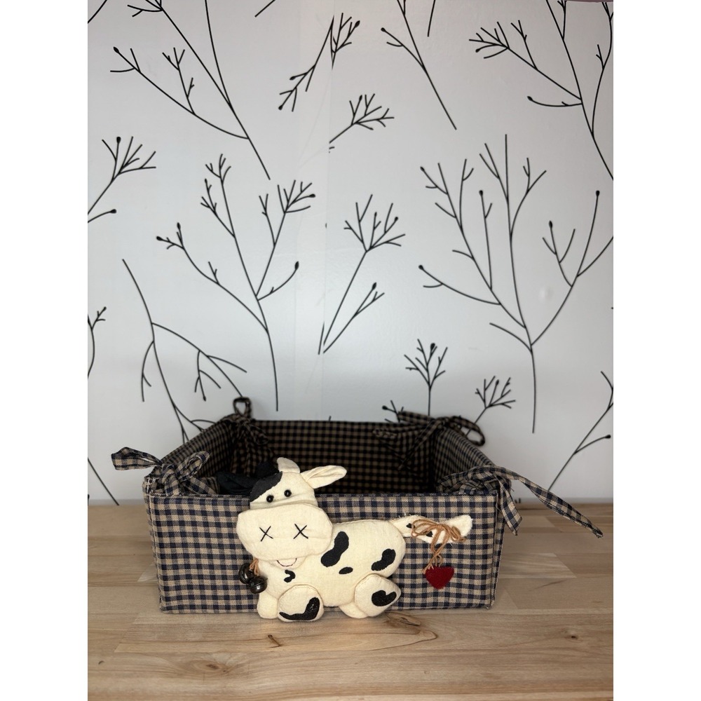 Country Style Fabric Basket w/ a Cute Plush Cow Granny Core, Cottage Core